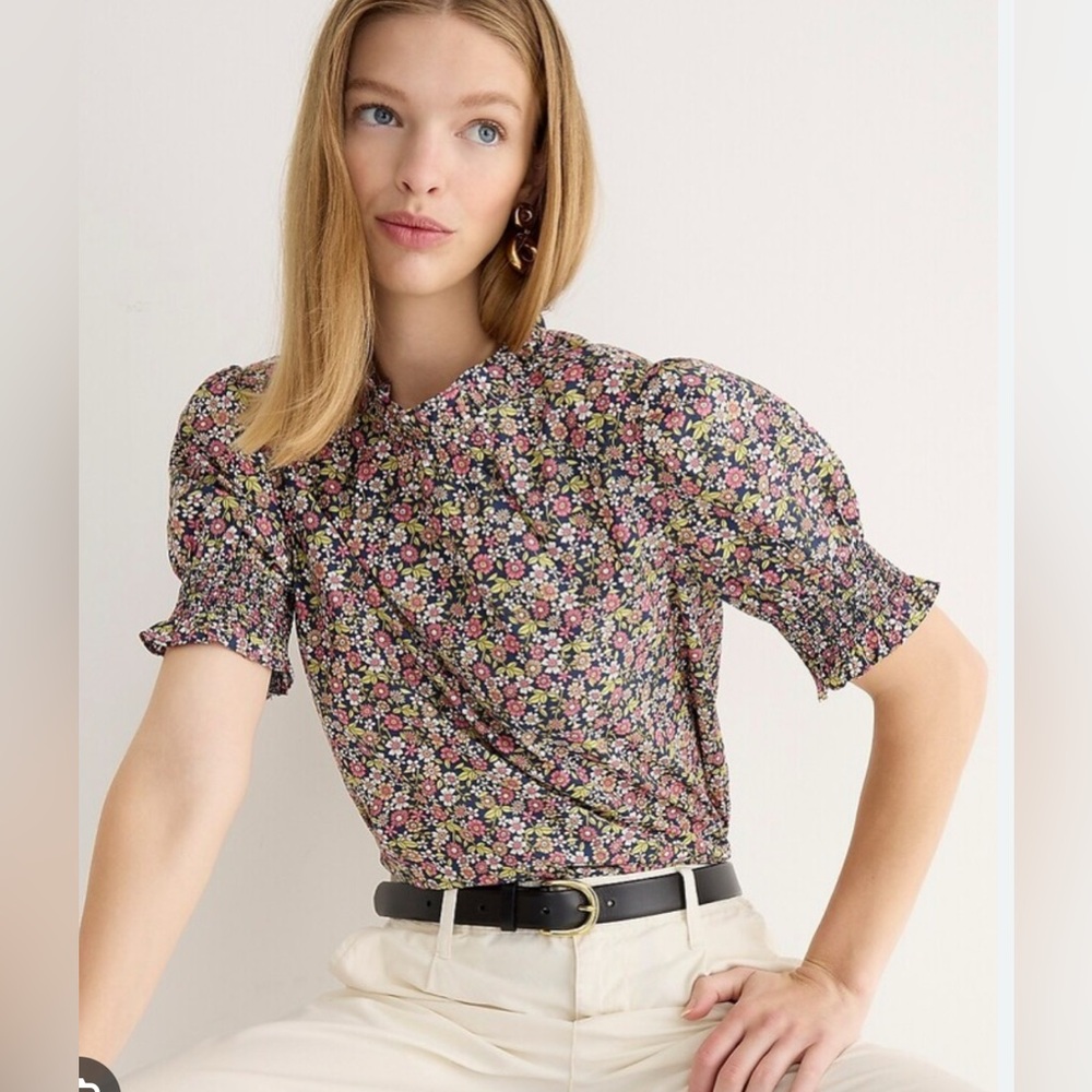J.Crew Smocked puff-sleeve cotton poplin top in meadow floral